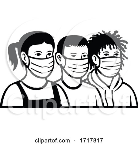 Children of Different Race and Ethnicity Wearing Face Mask Retro Black and White by patrimonio