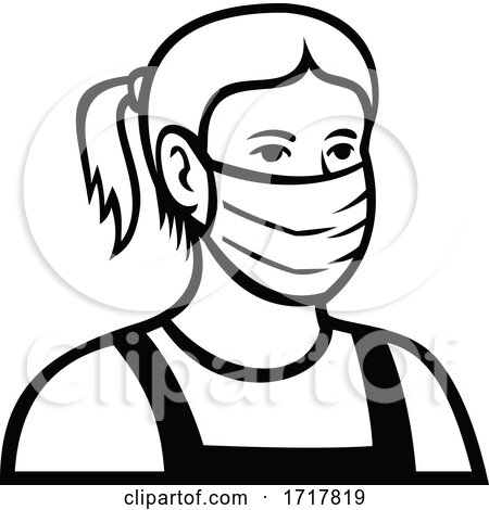 Caucasian Teenage Girl Wearing Face Mask Front View Retro Black and White by patrimonio