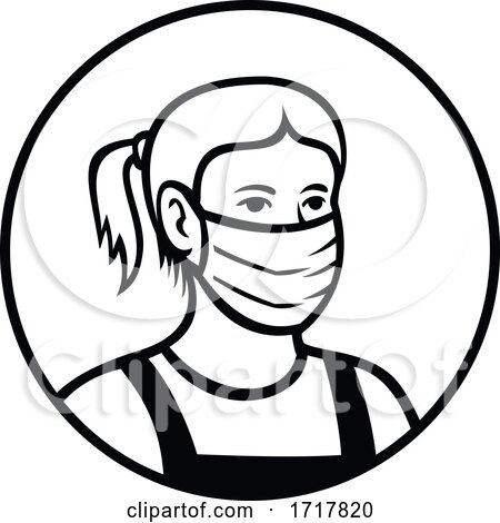 Caucasian Teenage Girl Wearing Face Mask Front View Circle Retro Black and White by patrimonio