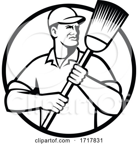 Street Sweeper Janitor or Cleaner Holding Broom Circle Retro Black and White by patrimonio
