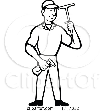 Window Cleaner Holding Squeegee and Spray Bottle Cartoon Black and White by patrimonio