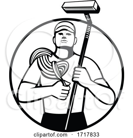 High Rise Window Cleaner with Rope and Squeegee Circle Retro Black and White by patrimonio