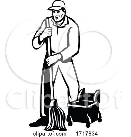 Commercial Cleaner or Janitor Mopping Cleaning Floor Retro Black and White by patrimonio