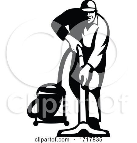 Cleaner Janitor Vacuuming Cleaning with Vacuum Cleaner Retro Black and White by patrimonio