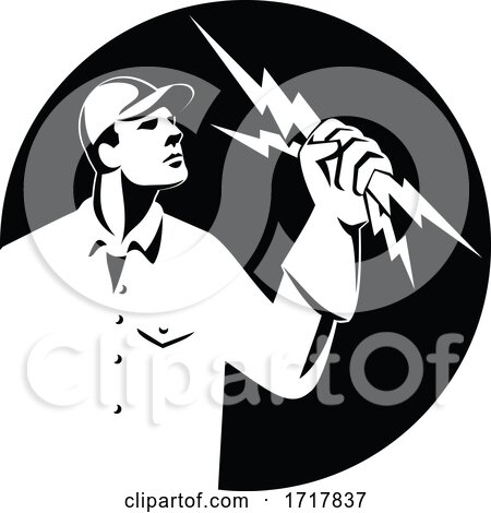 Electrician Lineman Holding Lightning Bolt Side View Retro Black and White by patrimonio