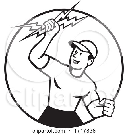 Electrician Holding up Lightning Bolt Circle Cartoon Black and White by patrimonio