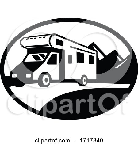 Campervan Motorhome Caravan Van on Road with Mountains Oval Black and White by patrimonio