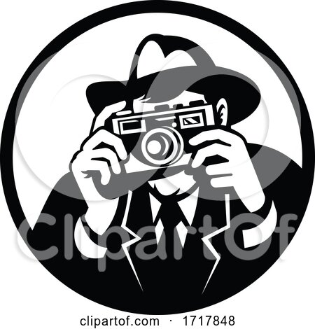 Photographer Wearing Fedora Shooting Camera Retro Black and White by patrimonio