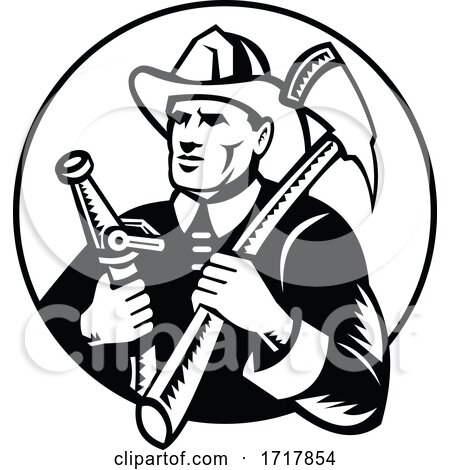Fireman Holding Fire Axe and Hose Circle Woodcut Retro Black and White by patrimonio
