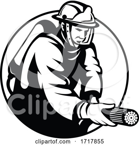 Firefighter Fireman First Responder Aiming Fire Hose Circle Retro Black and White by patrimonio