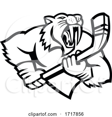 Saber Toothed Cat Holding Ice Hockey Stick Mascot Black and White by patrimonio