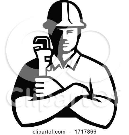 Pipefitter Holding Pipe Wrench Arms Folded Front View Black and White by patrimonio