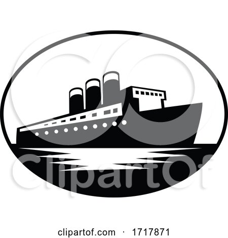 Vintage Passenger Boat or Ocean Liner Oval Retro Black and White by patrimonio