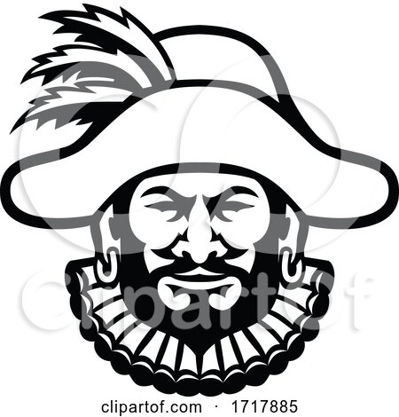 Head of a Medieval Minstrel Front Mascot Black and White by patrimonio