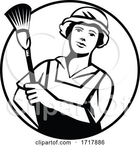 Maid Cleaner Holding Duster Front View Circle Retro Black and White by patrimonio