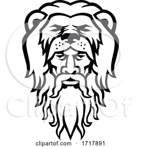 Hercules Wearing Lion Skin Head Mascot Black and White by patrimonio