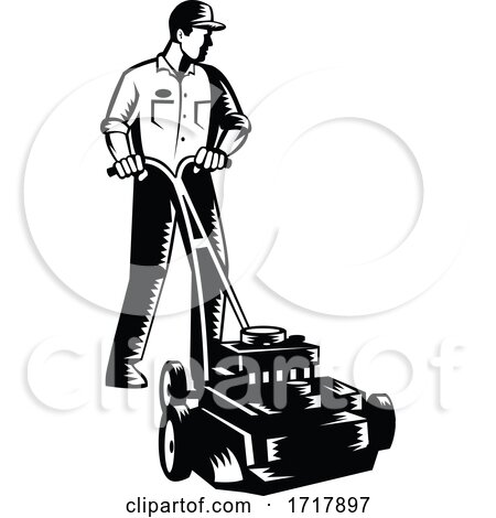 Gardener Mowing with Lawnmower Front View Woodcut Black and White by patrimonio