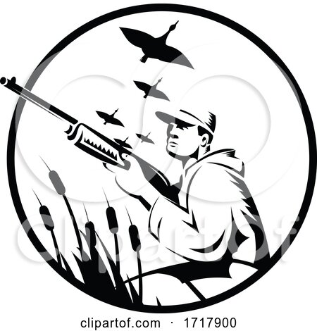 Bird Hunter or Duck Shooter with Rifle Circle Retro Black and White by patrimonio