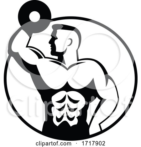 Muscular Bodybuilder Lifting Dumbbell Viewed from Side Circle Retro Black and White by patrimonio