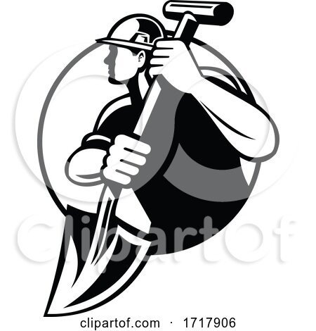 Construction Worker or Builder Holding a Spade Circle Retro Black and White by patrimonio