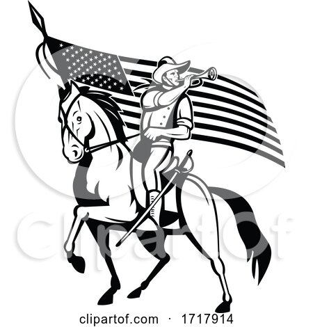 United States Cavalry on Horse Blowing Bugle with USA Flag Retro Black and White by patrimonio
