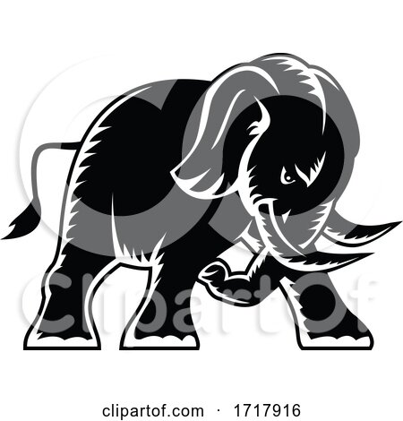 Angry Elephant Charging Attacking Side View Mascot Woodcut Black and White by patrimonio