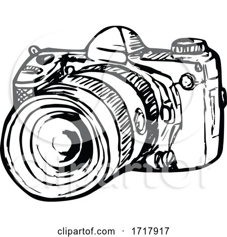 DSLR Digital Still Image Camera with Zoom Drawing Side Black and White by patrimonio