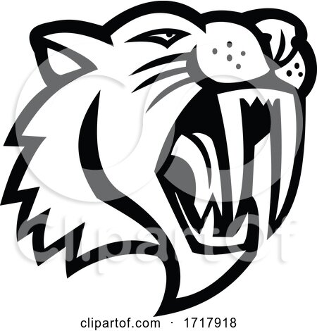 Angry Saber Toothed Cat Head Mascot Black and White by patrimonio