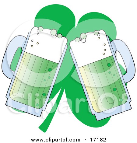 Two Green Mugs Of Beer Toasting In Front Of A Clover On St Paddy's Day Clipart Illustration by Maria Bell