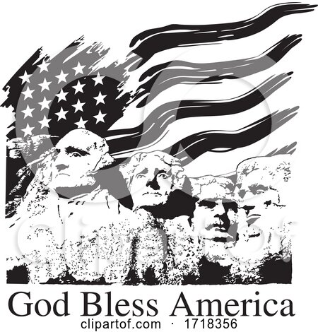 Mount Rushmore with a USA Flag and God Bless America Text Black and White by Johnny Sajem