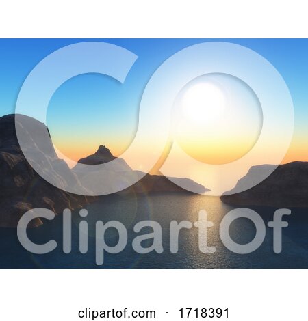 3D Landscape with Mountains in Ocean at Sunset by KJ Pargeter