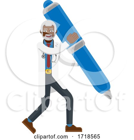 Mature Black Doctor Man Mascot Holding Pen Concept by AtStockIllustration