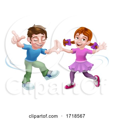 Boy and Girl Kid Cartoon Child Characters Dancing by AtStockIllustration