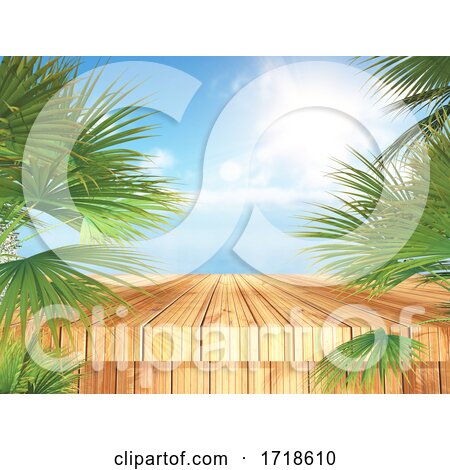 3D Tropical Landscape with Wooden Table and Palm Trees Looking out to the Ocean by KJ Pargeter