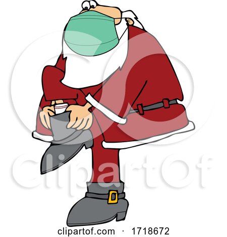 Cartoon Coronavirus Santa Wearing a Mask and Putting His Boots on by djart