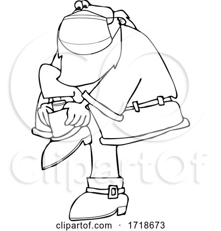 Cartoon Black and White Covid Santa Wearing a Mask and Putting His Boots on by djart