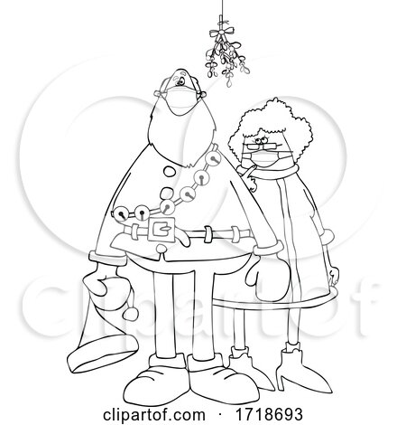 Cartoon Corona Virus Santa and Mrs Claus Wearing Masks Under Mistletoe by djart