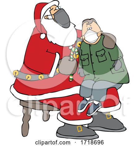 Cartoon Covid Santa Wearing a Mask and Giving a Boy a Candy Cane by djart