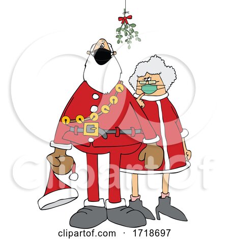 Cartoon Covid Santa and Mrs Claus Wearing Masks Under Mistletoe by djart