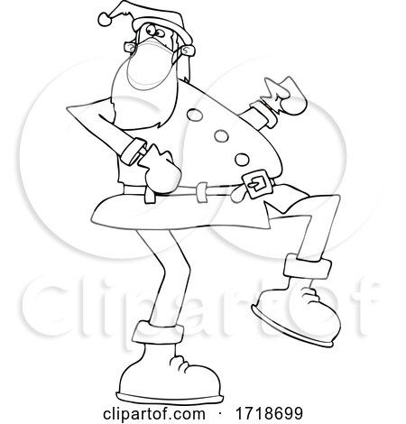 Cartoon Coronavirus Santa Wearing a Mask and Strutting Black and White by djart