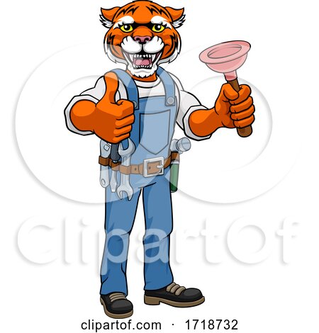 Tiger Plumber Cartoon Mascot Holding Plunger by AtStockIllustration