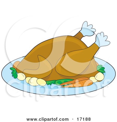 Cooked Turkey Bird Served With Carrots And Potatoes On A Tray On Thanksgiving Or Christmas Clipart Illustration by Maria Bell
