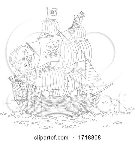 Black and White Pirate Kid Steering a Ship and Shark by Alex Bannykh