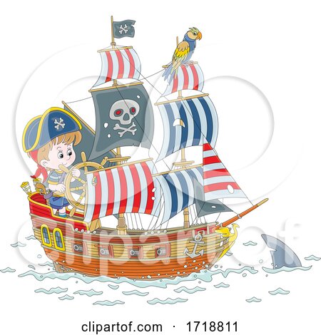 Pirate Kid Steering a Ship and Shark by Alex Bannykh