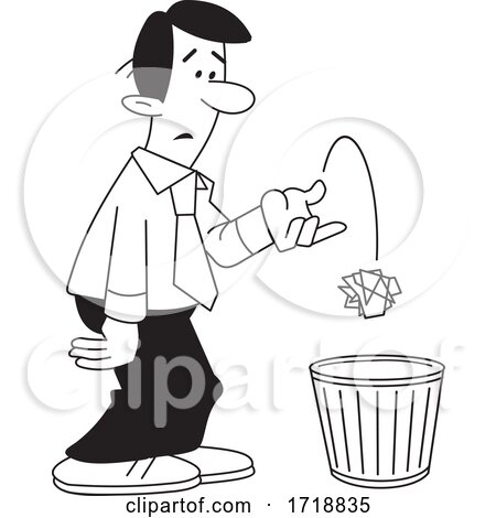 Cartoon Business Man Tossing Crumpled Paper in the Trash Black and White by Johnny Sajem