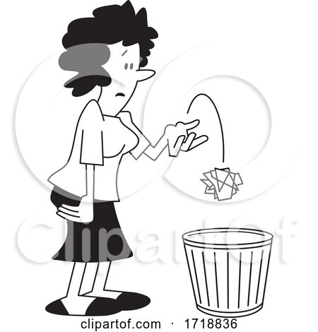 Cartoon Woman Tossing Crumpled Paper in the Trash Black and White by Johnny Sajem