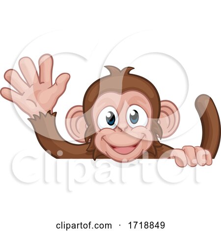 Monkey Cartoon Animal Behind Sign Waving by AtStockIllustration