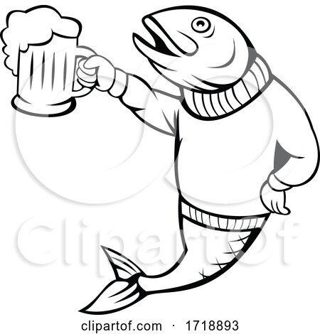 Trout or Salmon Fish Holding up Beer Mug of Ale Wearing Sweater Cartoon Black and White by patrimonio