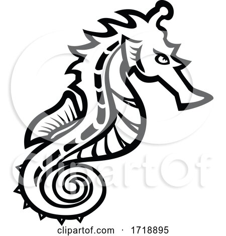 Seahorse or Sea Horse Side View Mascot Black and White by patrimonio