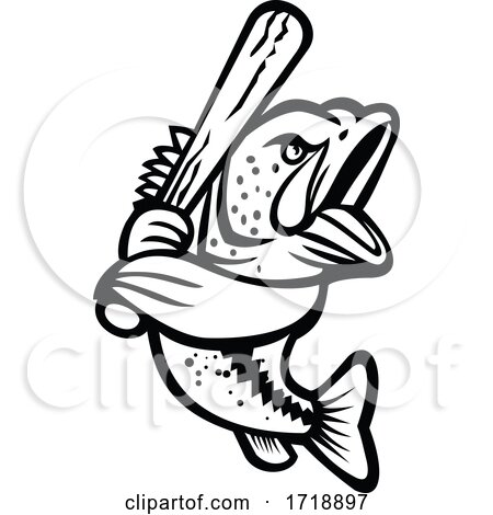 Largemouth Bass with Baseball Bat Batting Mascot Black and White by patrimonio